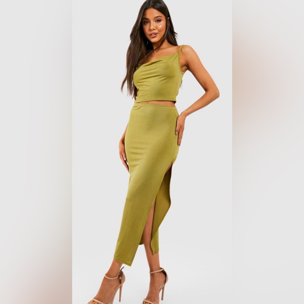 Textured Slinky Cowl Neck Cami & Textured Slinky Thigh Split Midi Skirt
